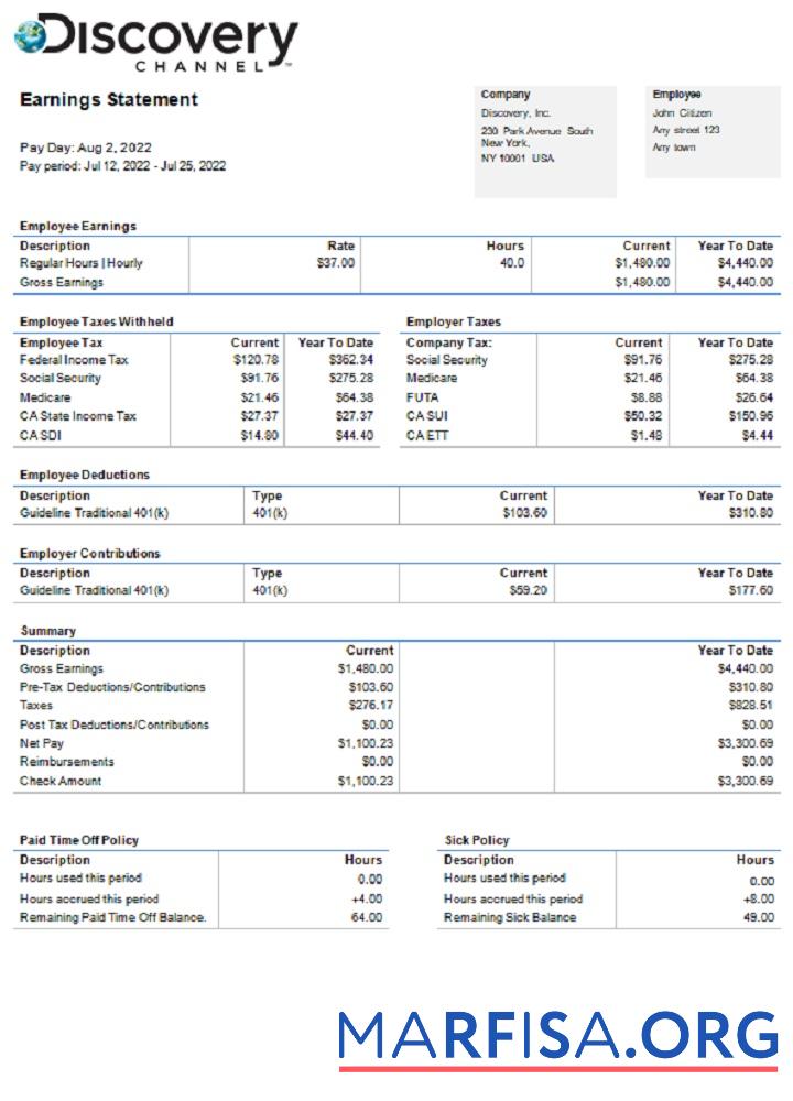Realistic USA Discovery Inc. entertainment company pay stub real example